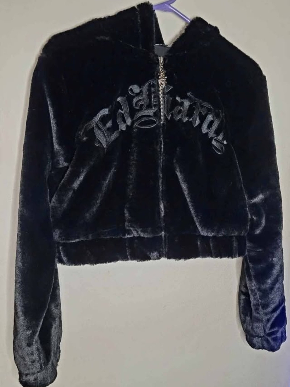 Ed Hardy Tiger Flamed Cropped Black Faux Fur Zip Hoodie Jacket
